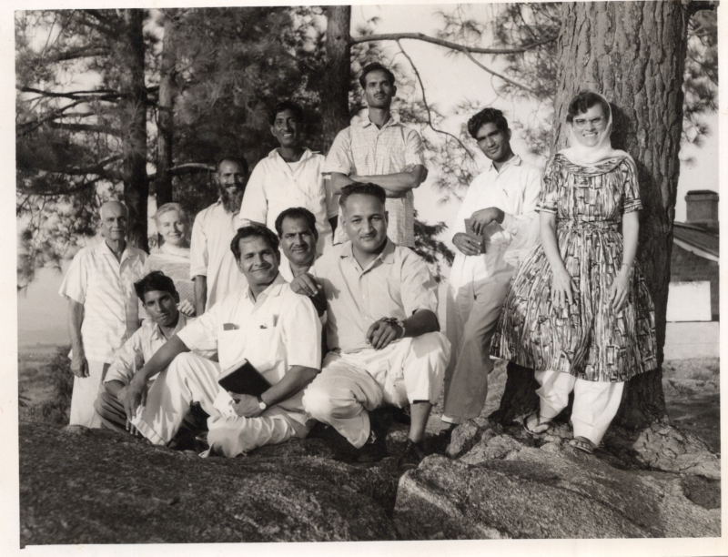 A picture from Marian Olson captioned, "Bro. and Sis. Sinclair on left, Chairman of Assemblies of God of West Pakistan. I am standing on the right wearing the national dress of West Pakistan. This is one of the three classes that attended the Bible School in West Pakistan. 1963"