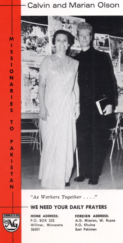 An Assemblies of God missions information card for Calvin and Marian Olson with a picture of them, a prayer request, a home and foreign address, and a quote, "As workers together . . . ."