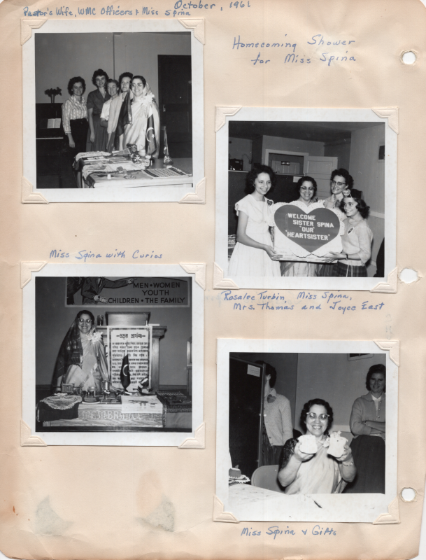 Collection of images: (1) Women standing together captioned, "Pastor's wife, WMC Officers, and Miss Spina." (2) Women holding a cake reading, : Welcome Sister Spina 'Our' 'Heartsister.'" A caption reads, "Rosalee Turbin, Miss Spain, Mrs. Thomas, and Joyce East." (3) Miss Spina stands with a display with the caption, "Miss Spina with Curios." (4) A picture of Miss Spina holding two objects with the caption, "Miss Spina and Gifts."