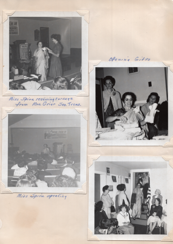 Collection of images: (1) "Miss Spina receiving corsage from Mrs. Grier Sec. Treas." (2) Picture of Miss Spina with the caption, "Opening Gifts." (3) "Miss Spina Speaking." (4) Women fellowshiping with Miss Spina.