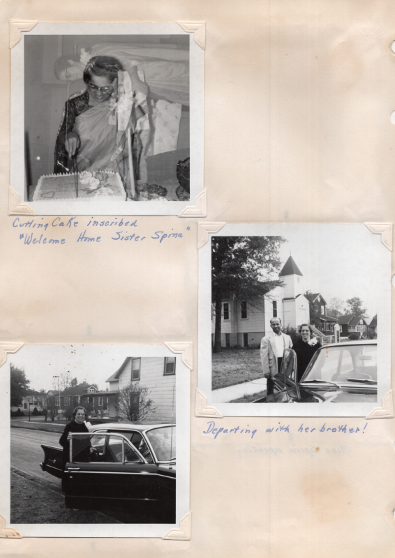 Collection of images: (1) Miss Spina "Cutting cake inscribed 'Welcome Home Sister Spina.'" (2) Picture of Miss Spina and a man at a car captioned, "Departing with her brother." (3) Sister Spina getting in a car to leave.
