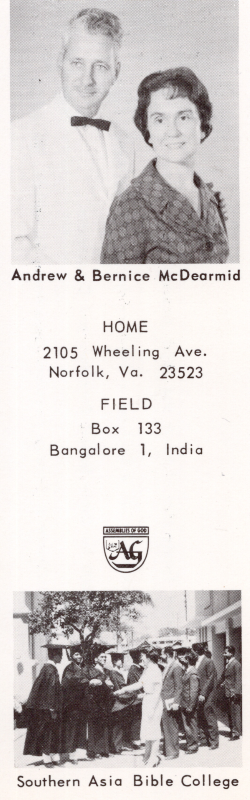 Portrait of Andrew and Bernice McDearmid with their home address, field address, AG logo, and a picture of people in caps and gowns captioned, "Southern Asia Bible College"