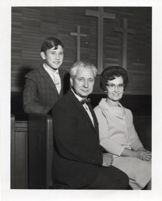 Portrait of Andrew, Bernice, and Richard McDearmid with the caption, "Here is a recent photo for your missionary display, The McDearmids, India."