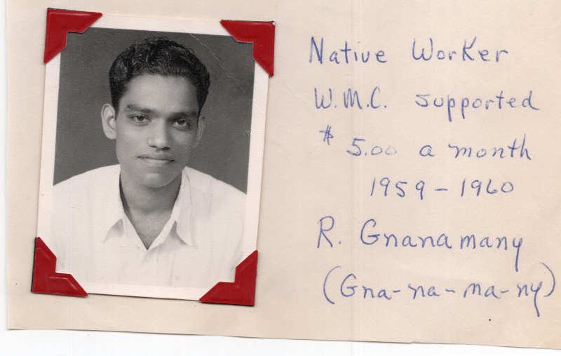 Portrait of R. Gnanamany with the caption, "Native Worker W.M.C. supported, $5.00 a month, 1959-1960, R. Gnanamany (Gna-na-ma-ny)"