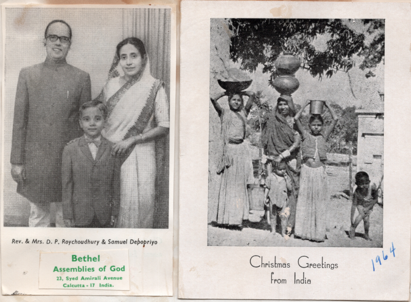 Mission card of Rev. and Mrs. D. P. Roychoudhury and Samuel Debopriyo with the caption with their church, Bethel Assemblies of God in Calcutta, India; Christmas Card from the Modders. Cover reads, "Christmas Greeting from India" with a picture of girls carrying items on their heads