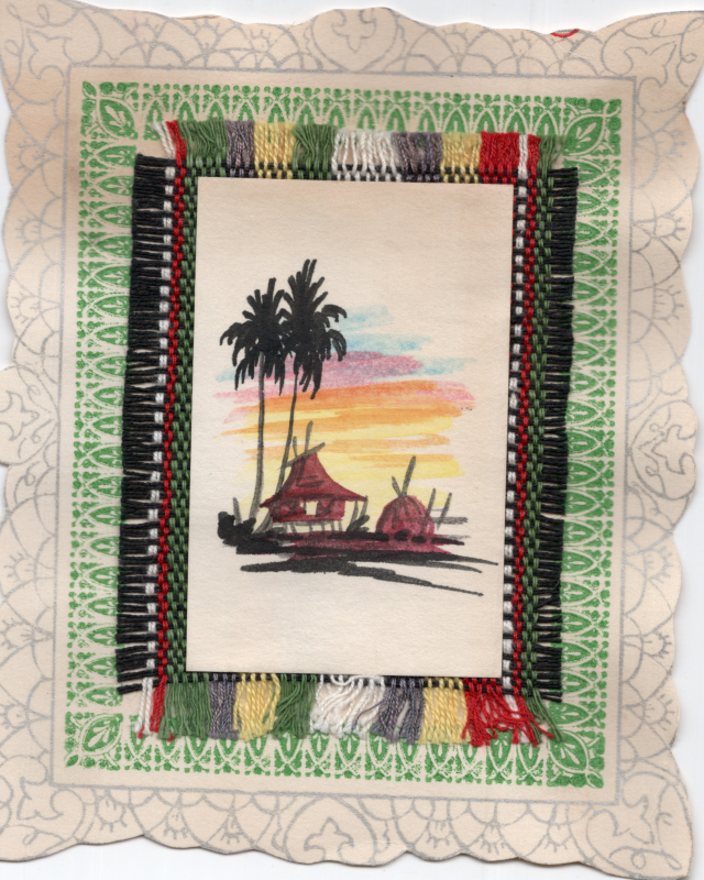 Illustration of a hut during sunset surrounded by stitching. The back reads, "Sent from the William Farrands, Christmas 1963, Philippines."
