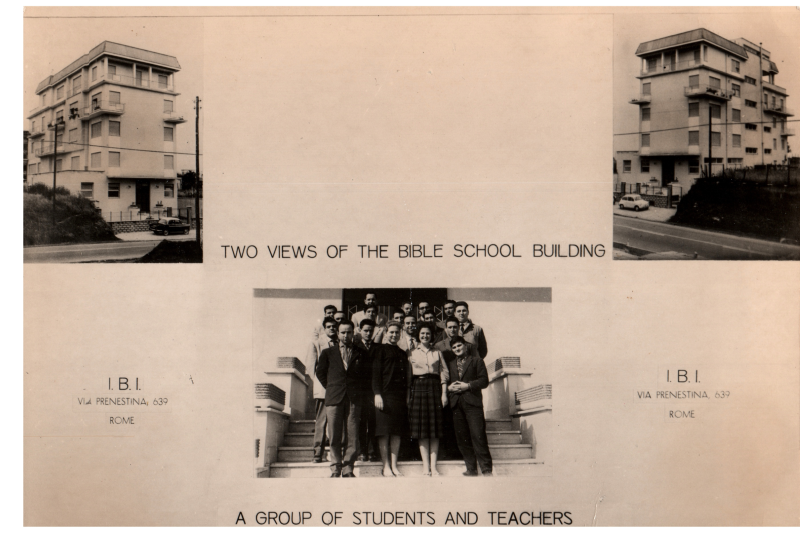 Two views of the Italian Bible Institute and a group of students and teachers