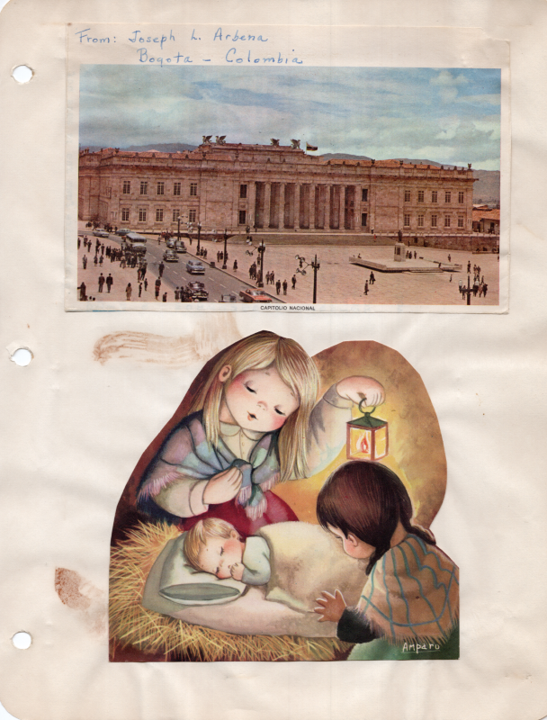 Image of the Capitolio Nacional in Bogota Colombia and an illustration of girls with a baby in a manger