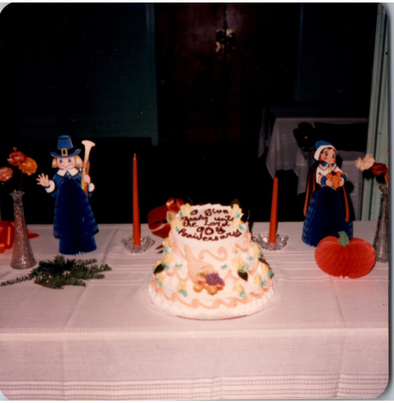 Ninetieth anniversary cake with Thanksgiving decorations