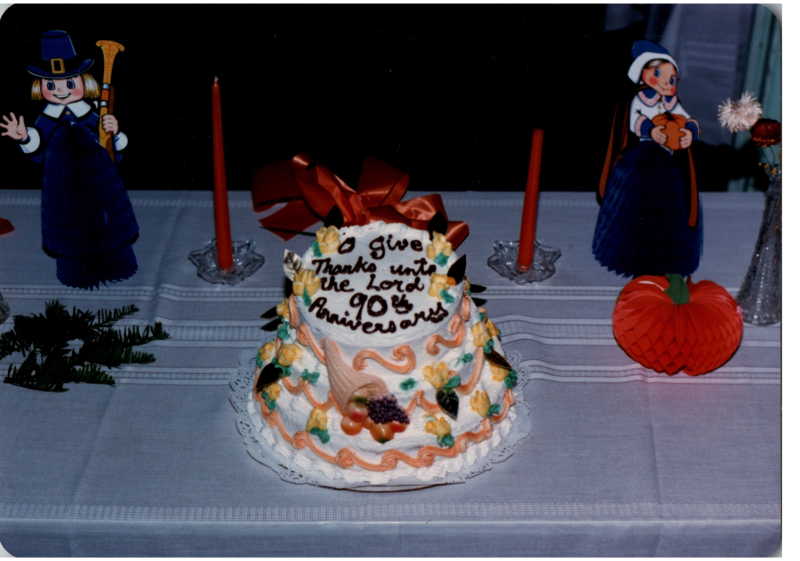 Ninetieth anniversary cake with Thanksgiving decorations