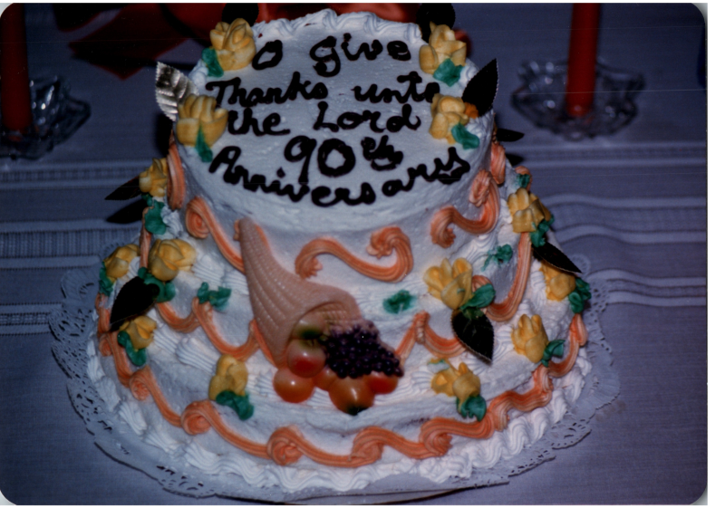 Ninetieth anniversary cake with Thanksgiving decorations