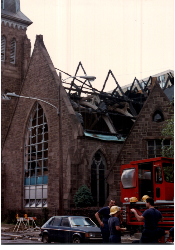 Firefighters outside of the church