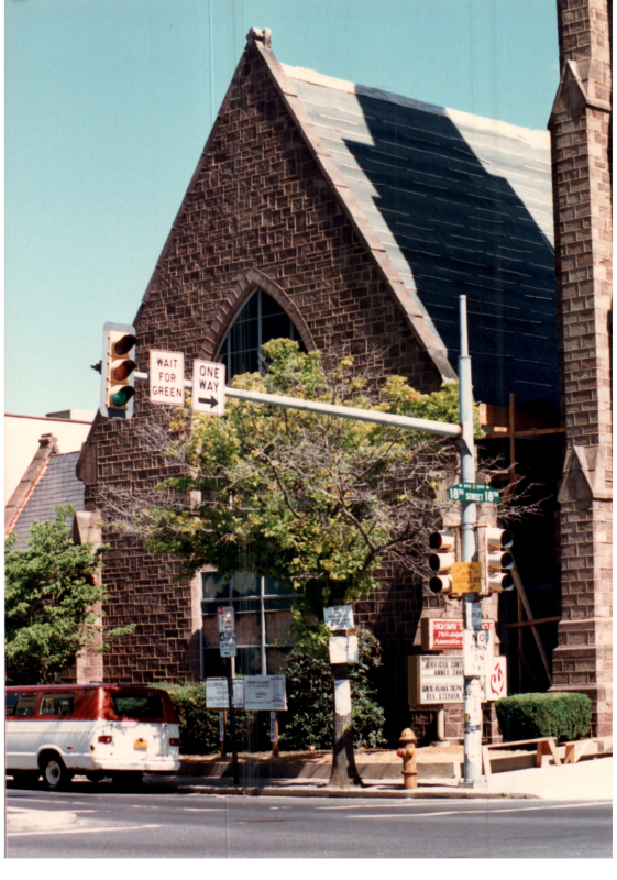 Building exterior during roof reconstruction