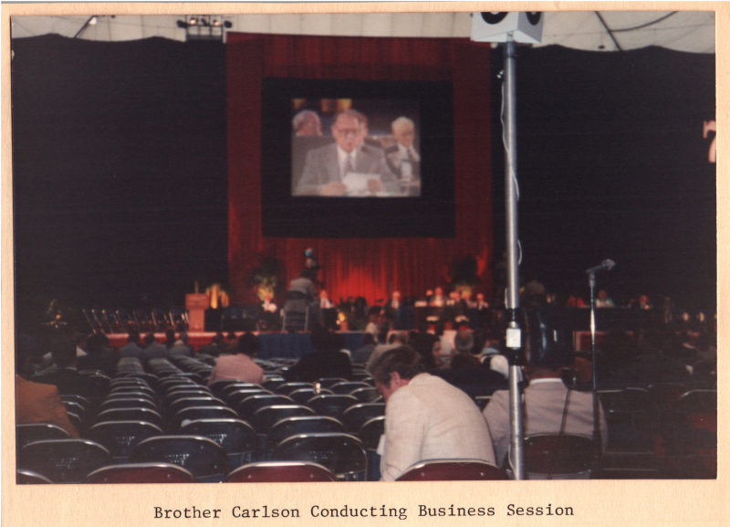 Image of General Council with the caption, "Brother Carlson [AG Superintendent] Conducting Business Session"