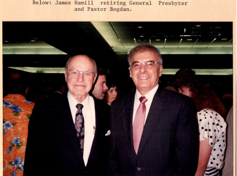 Caption: "Below: James Hamill retireing General Presbyter and Pastor Bogdan."