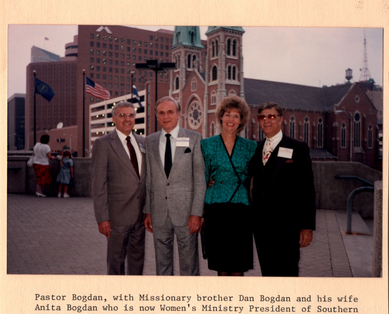 Caption: "Pastor Bogdan, with Missionary brother Dan Bogdan and his wife Anita Bogdan who is now Women's Ministry President of Southern California, and Larry Cerullo."