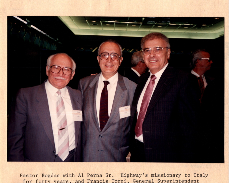 Caption: "Pastor Bogdan with Al Perna Sr. Highway's missionary to Italy for forty years, and Francis Toppi, General Superintendent of the Assemblies of God in Italy."