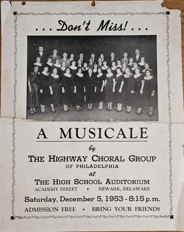 Flyer advertising a musicale from the Highway Choral Group in Newark, Delaware