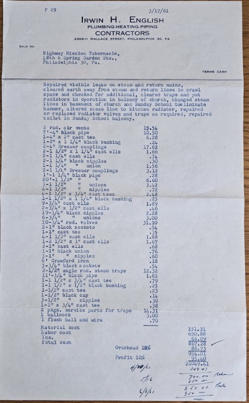 Receipt for repairs on Highway at 18th and Spring Garden