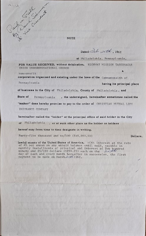 Mortgage contract for 18th and Spring Garden