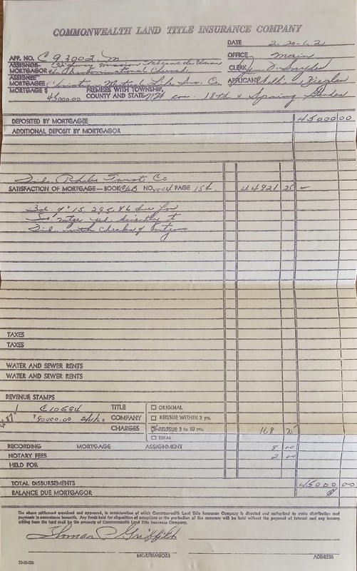 Mortgage information for the building at 18th and Spring Garden Streets