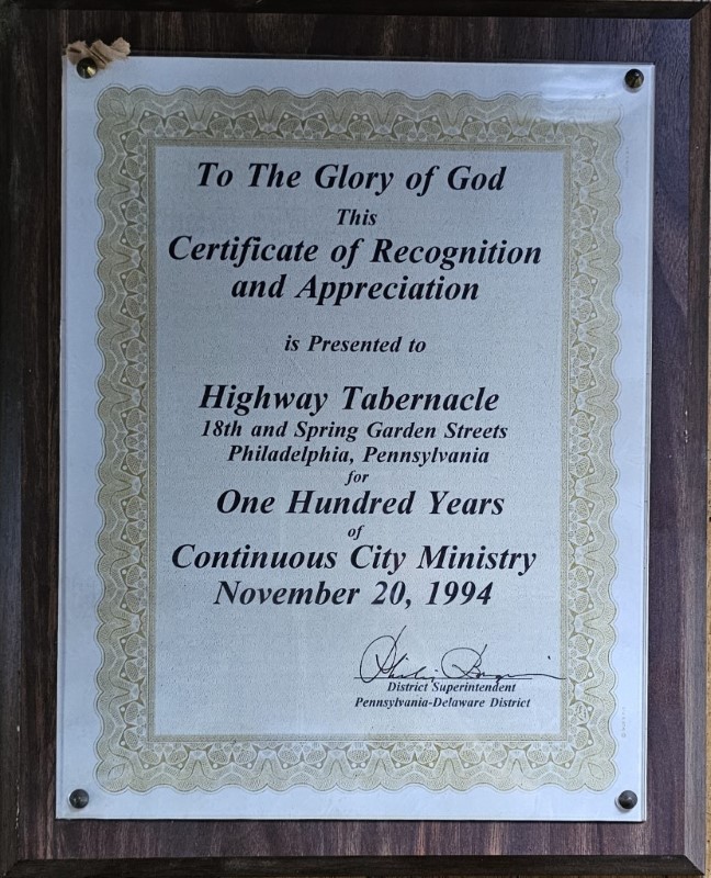Certificate of Recognition for Highway's 100 years of ministry presented by the Penndel District at Highway's 100th Anniversary