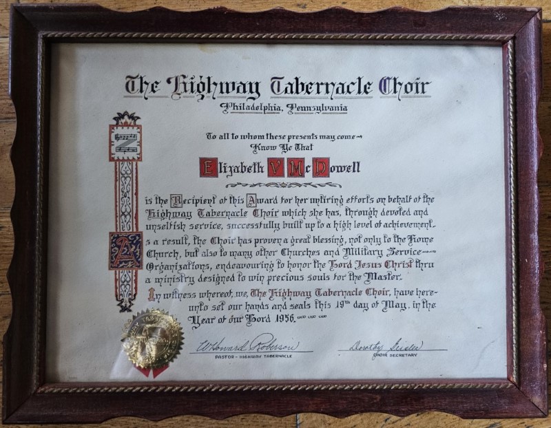 Certificate presented to Elizabeth V. McDowell in honor and appreciation of her work with the choir