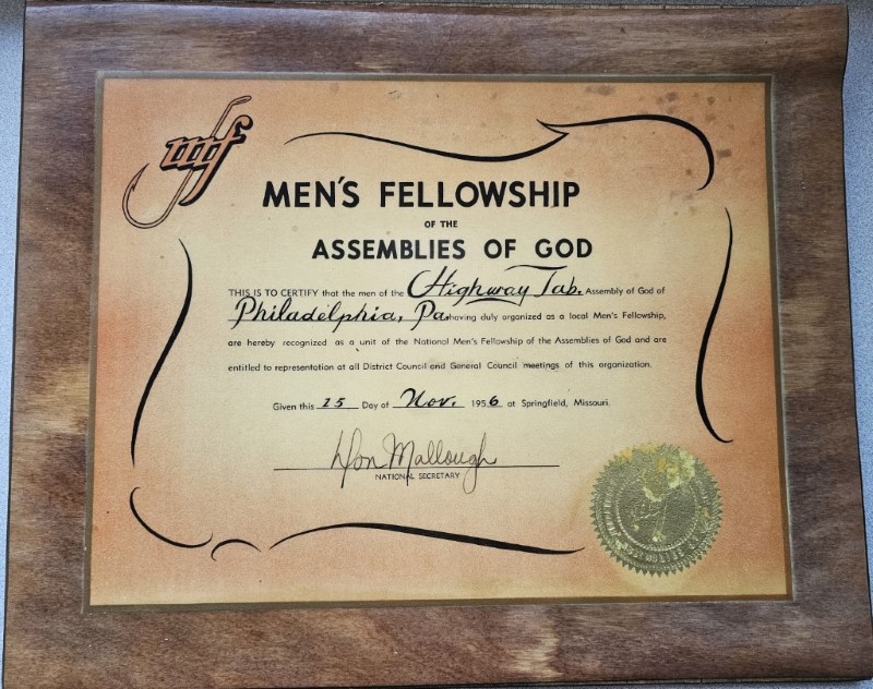 Plaque recognizing the Men's Fellowship of the Assemblies of God