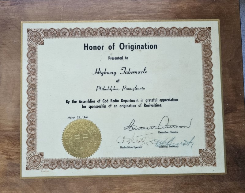 Certificate of Origination for Highway's Revivaltime radio program