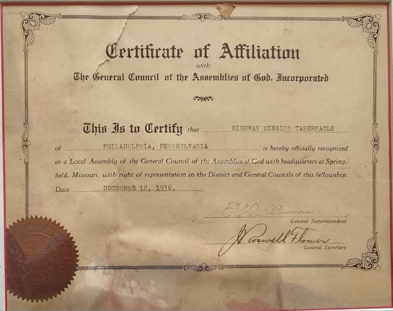 Certificate of Affiliation with the General Council of the Assemblies of God