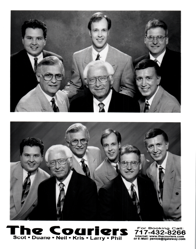 Group portrait of Scot, Duane, Neil, Kris, Larry, and Phil, members of the Couriers' traveling music ministry