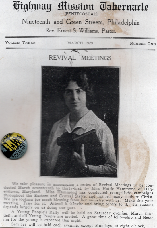 Announcement of revival meetings led by evangelist Miss Hattie Hammond. Includes a pin for a young people's rally