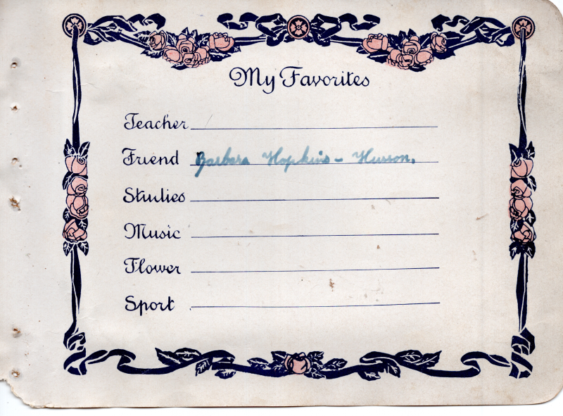 Page labeled, "My Favorites," with the "Friend" line filled out with Barbara Hopkins-Huston