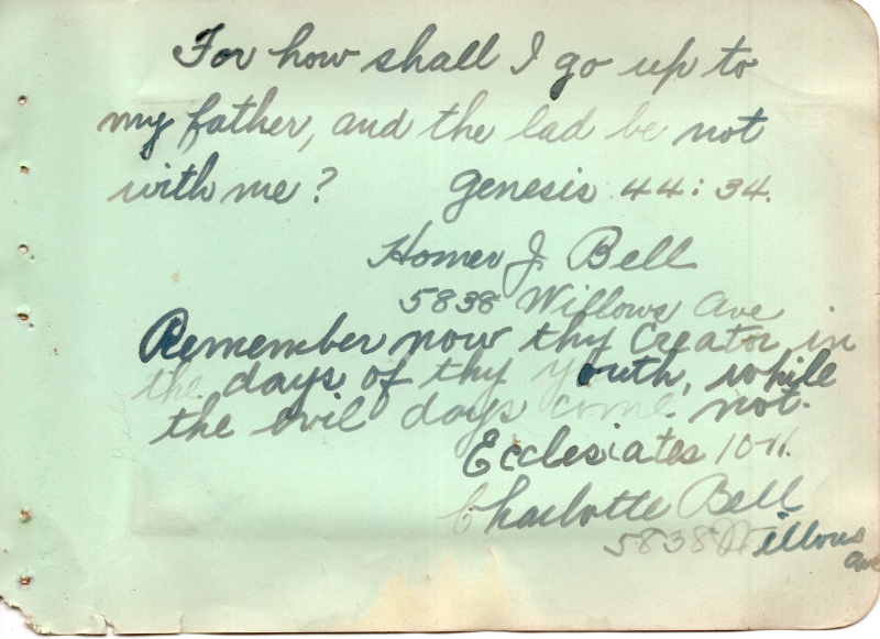 Scripture written by Homer J. Bell and scripture written by Charlotte Bell