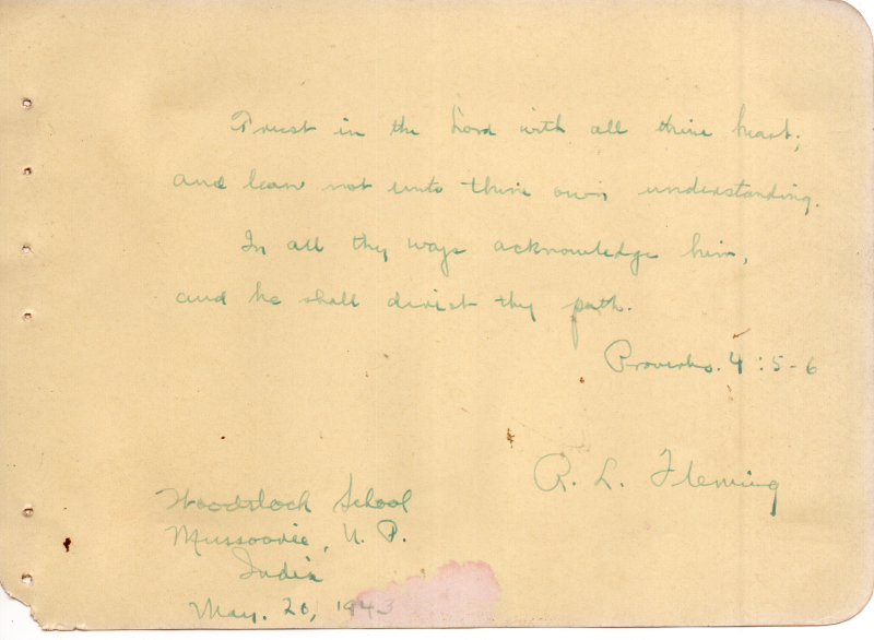 Scripture written by R. L. Fleming from the Woodstock School in Mussoorie, India 