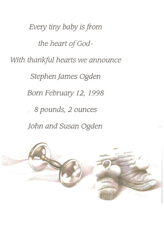 Birth announcement card for Stephen James Ogden