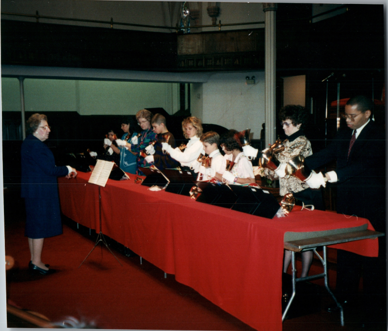 The bell choir performs in the sanctuary