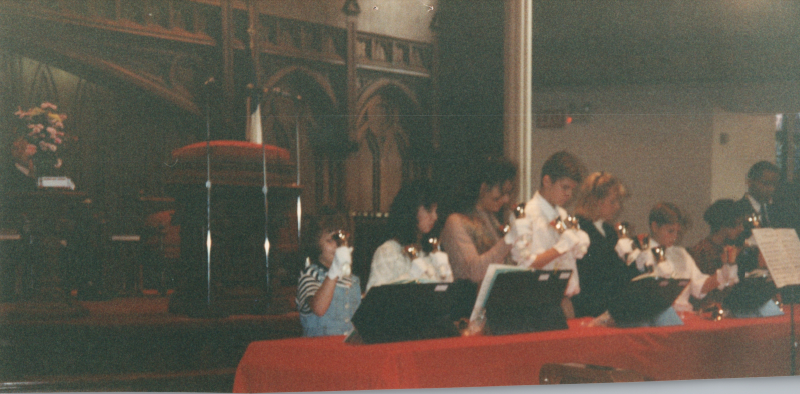 The bell choir performs in the sanctuary