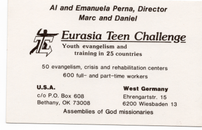 A description of the Perna's missionary work with Eurasia Teen Challenge