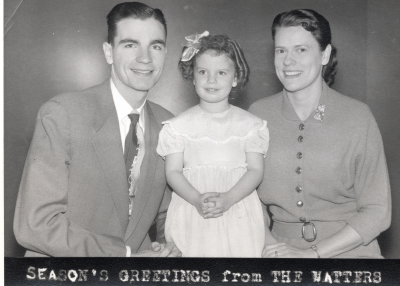 Holiday card from Robert Watters, his wife, Lillian, and their daughter D.A. that reads, "SEASON'S GREETINGS from THE WATTERS" 