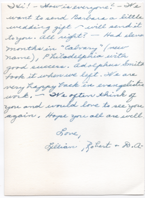 Written greeting from the Watters to Highway Tabernacle