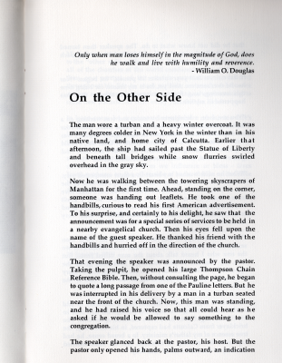 Pages four: blank (not scanned), Page five: Beginninng of reflection "On the Other Side" by Lee Cantelon