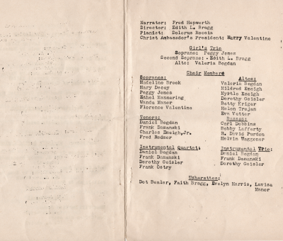 Page four: blank, Page five: names choir members, usherettes, narrator, pianist, and directors