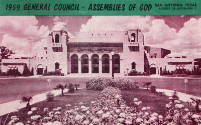 A picture of the Municipal Auditorium in San Antonio, Texas, with text reading, "1959 General Council Assemblies of God San Antonio, Texas, August 26-September 1"