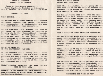 Page two: introduction of leading ministers, introduction of the Gideons, sunday school, memorial for Lynne Hogan, Page three: preparing for rally day, preparing for world outreach convention, preparing for 1959
