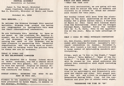 Page two: introduction of leading ministers, introduction of the Gideons, sunday school, memorial for Lynne Hogan, Page three: preparing for rally day, preparing for world outreach convention, preparing for 1959
