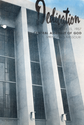Page one: blank (not scanned), Page two: black and white photograph of the church with the "Dedication" title, date, and church name and location