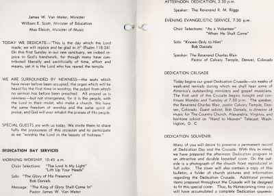 Page three: introduction of ministers, dedication purpose, guests, order of worship, Page four: order of worship. announcement of dedication crusade, announcement of dedication souvenir