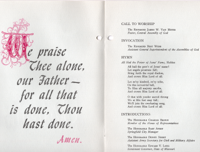 Page seven: opening prayer, Page eight: call to worship, invocation, hymn, introduuctions