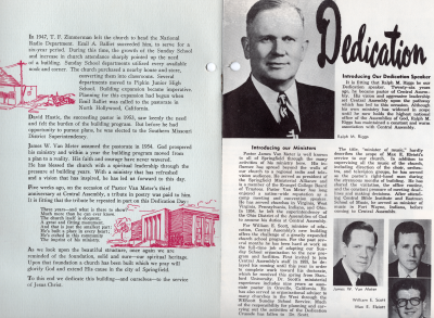 Page thirteen: Central Assembly's construction history continued, Page fourteen: introduction to dedication speaker and to Central Assembly's ministers